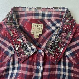 Guess Plaid Size LG Women's Shirt Button Front Long Sleeve Bedazzled Gem Collar